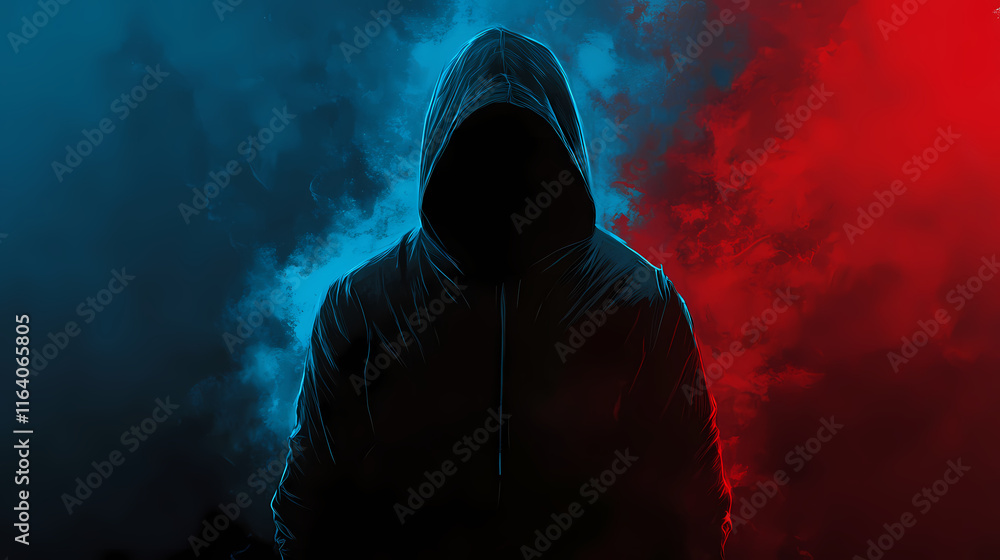 Mysterious silhouette of hooded figure in neon blue and red light, cyberpunk concept, dark web, privacy, security, technology, digital art, hacker, a. Wraithlike. Illustration Mysterious silhouette of hooded figure in neon blue and red light, cyberpunk concept, dark web, privacy, security, technology, digital art, hacker, a. Wraithlike. Illustration