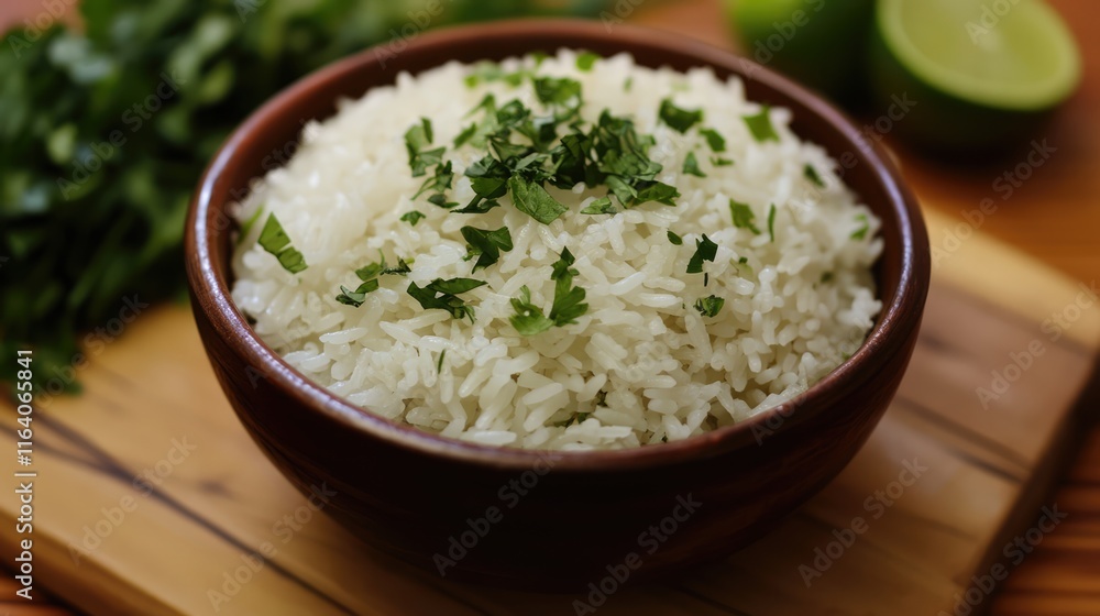 Steamed rice garnished with fresh herbs served in a rustic bowl on a wooden table with lime and vegetables in the background