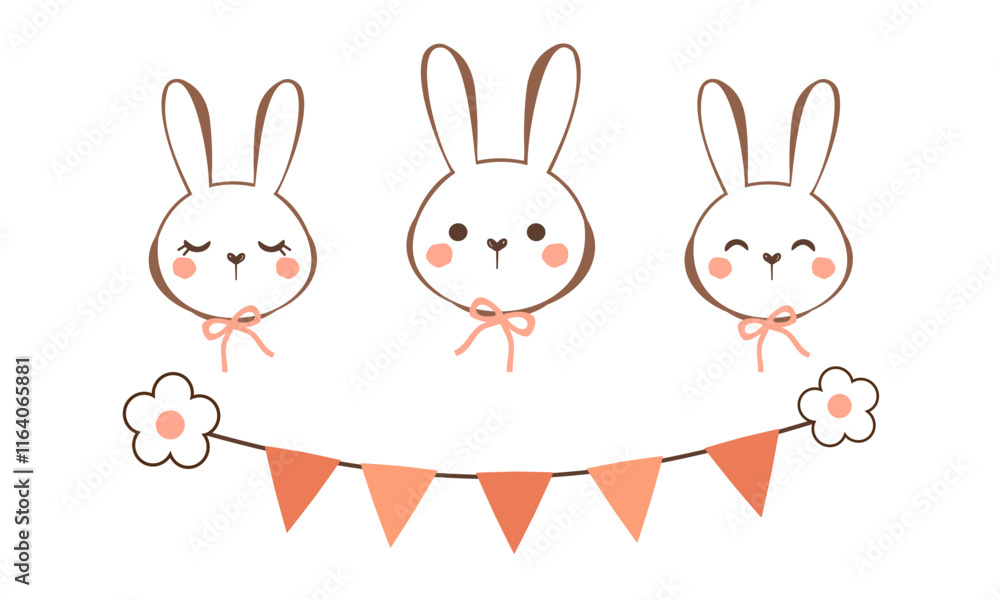 Bunny rabbit cartoons and triangle flag garland icon sign isolated on white background vector. Bunny rabbit cartoons and triangle flag garland icon sign isolated on white background vector.
