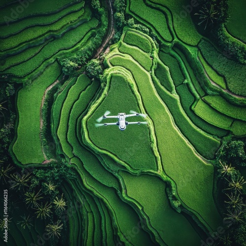 Drone Surveying Lush Green Rice Terraces: Aerial View of Agricultural Technology in Action photo