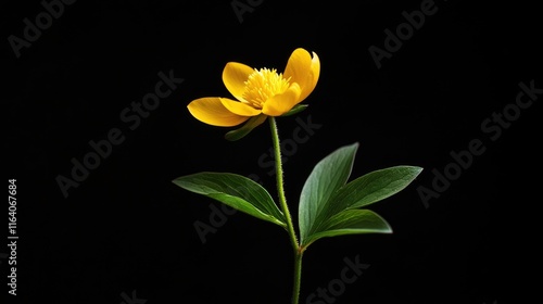 Yellow flower of Paeonia daurica subsp mlokosewitschii with green leaves isolated on black background showcasing natural beauty and elegance photo