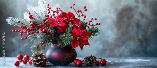 Festive winter bouquet with red poinsettias, berries, and pinecones for holiday decoration and seasonal cheer