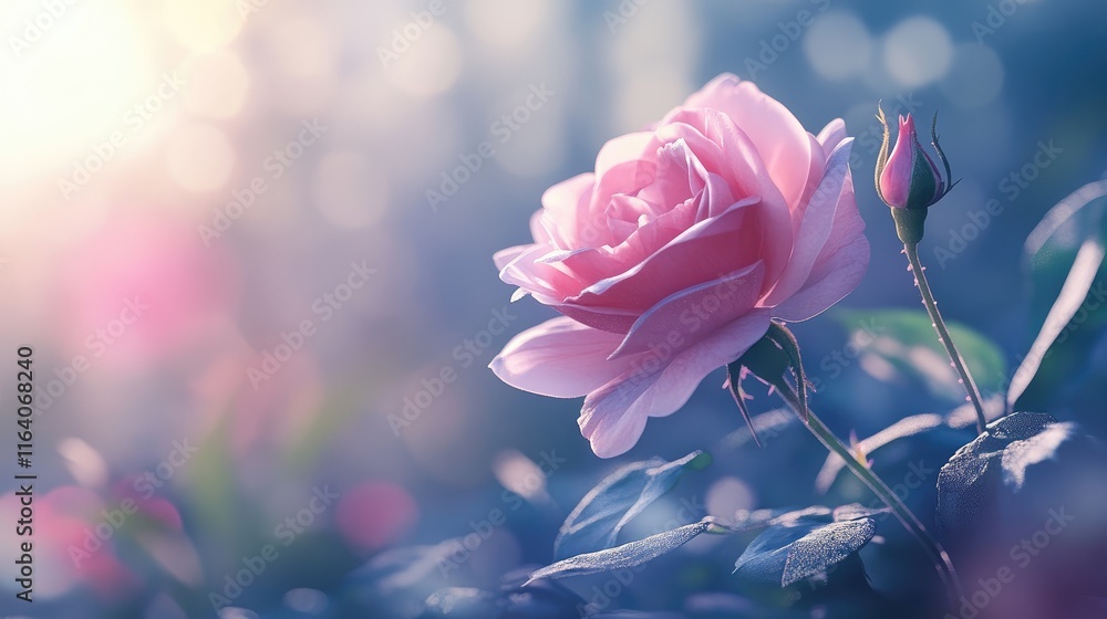Obraz premium Delicate pink rose blooming in serene garden setting with soft sunlight and gentle bokeh background soothing ambiance of nature