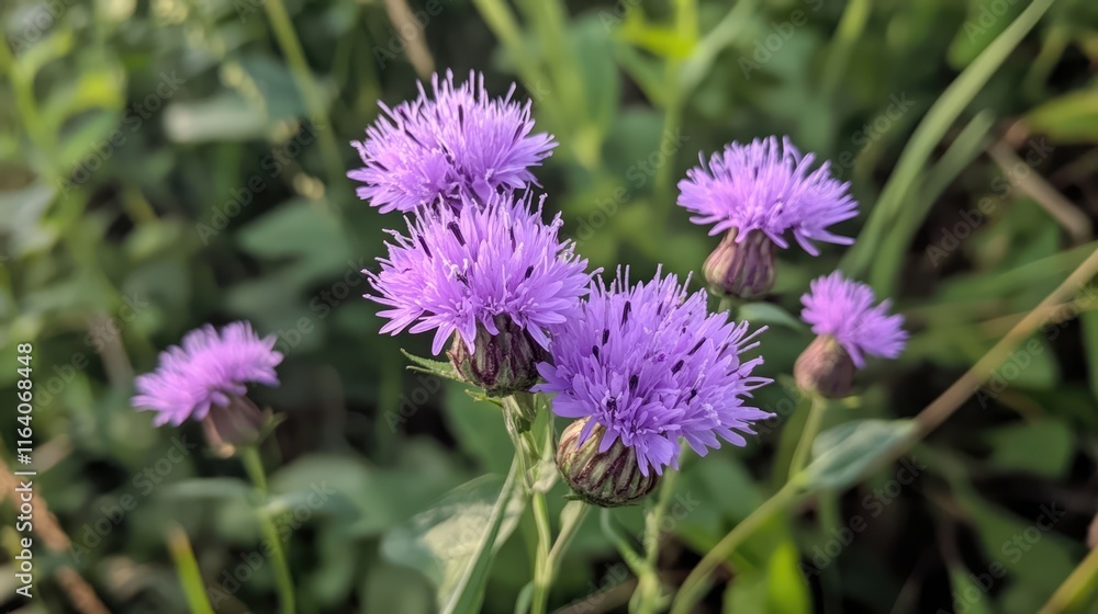 Vibrant purple wildflowers blooming in a lush green meadow under natural sunlight Vibrant purple wildflowers blooming in a lush green meadow under natural sunlight