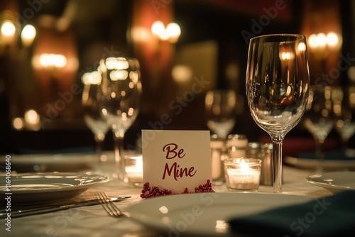 A beautifully arranged table set for a romantic valentines day dinner, featuring a charming sign that says be mine prominently displayed. Monochrome Valentine’s designs photo