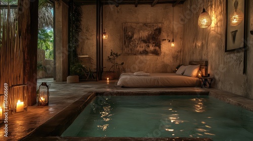 rustic modern Tulum healing spa with sacred energy. neutral tones. night. hyper realistic. cinematic. Generative Ai