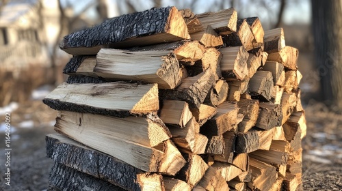 Stacked firewood created from woodworking waste showcasing clean cut logs in a natural outdoor setting ideal for rustic home design or sustainability themes photo