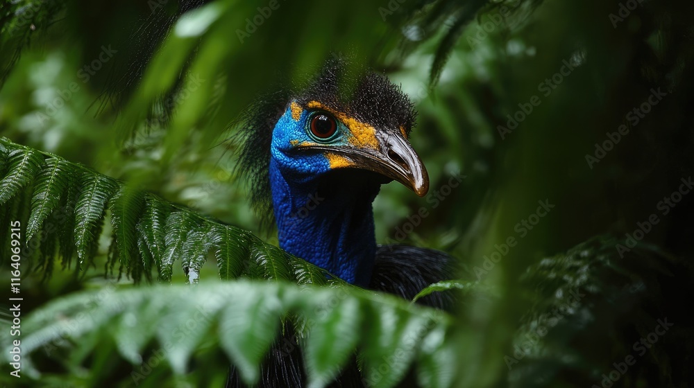 Obraz premium Southern Cassowary hidden among lush rainforest ferns showcasing vibrant colors and unique features in a natural habitat setting.