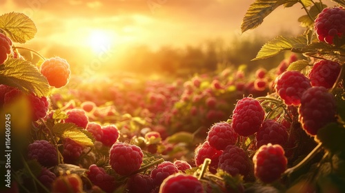 Ripe wild raspberries illuminated by warm golden hour sunlight in a lush field setting with vibrant green leaves photo