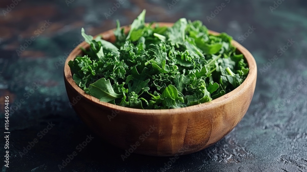 Fresh green kale and leafy salad mix in wooden bowl Healthy low carb meal option on dark textured background for wellness and nutrition Fresh green kale and leafy salad mix in wooden bowl Healthy low carb meal option on dark textured background for wellness and nutrition