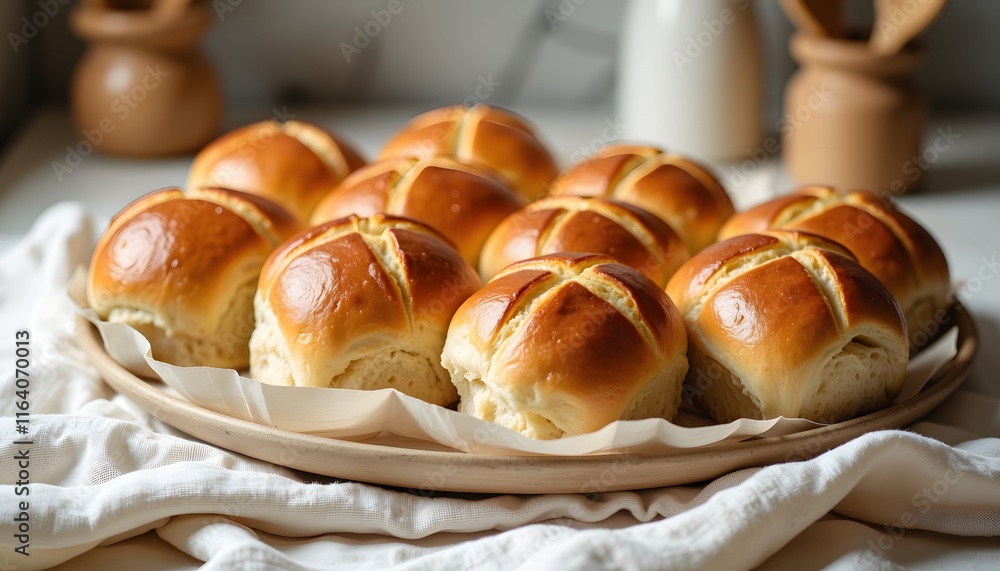 Freshly baked hot cross buns on rustic kitchen counter, Lent celebration Freshly baked hot cross buns on rustic kitchen counter, Lent celebration