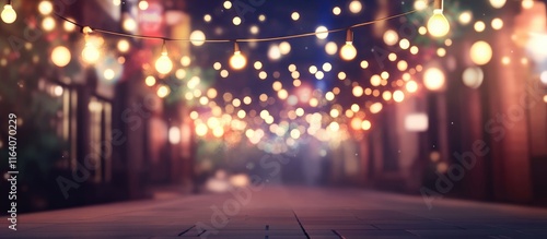 Magical winter street decor with glowing garland lights creating a festive atmosphere in a blurred illuminated background for seasonal themes photo