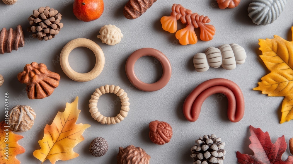 Autumn Themed Baby Teething and Play Rings Arranged on Grey Background with Natural Elements Autumn Themed Baby Teething and Play Rings Arranged on Grey Background with Natural Elements