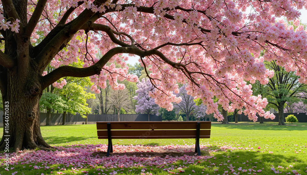 Serene park bench under blooming cherry blossom tree Serene park bench under blooming cherry blossom tree