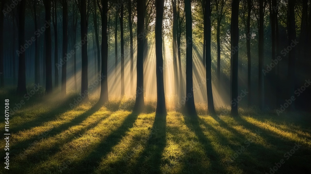 Naklejka premium Serene forest landscape with sunlight streaming through trees creating a tranquil and magical atmosphere in Twente region