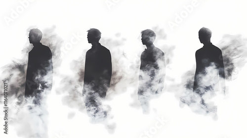 Four shadowy figures fade into smoke on a transparent background, perfect for halloween and horror projects. Wraithlike. Illustration photo