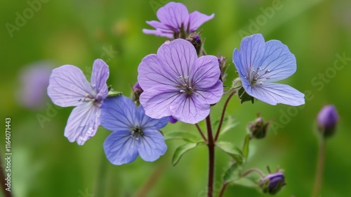 Delicate Close-Up of Wildflowers in Soft Lavender and Violet Hues Against a Lush Green Background