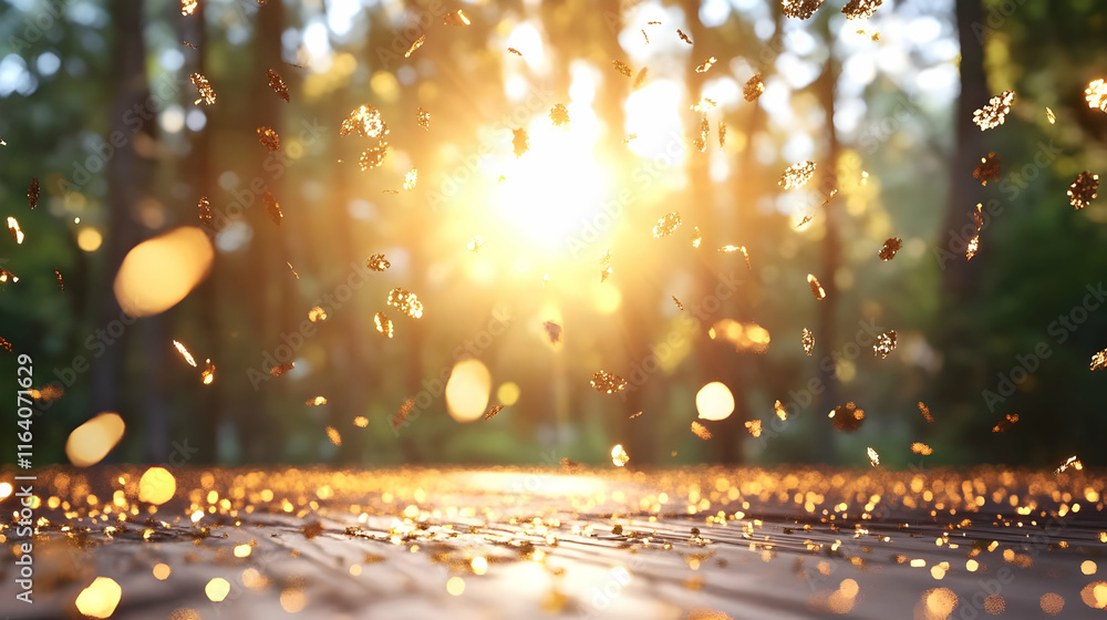 Golden confetti falling onto a wooden surface in a sunlit forest. Golden confetti falling onto a wooden surface in a sunlit forest.