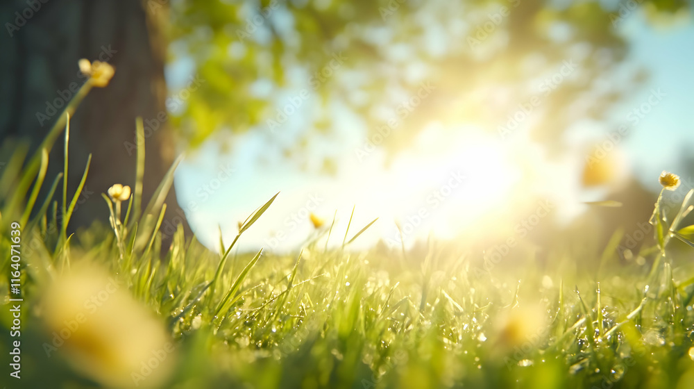 Dewy grass and wildflowers at sunrise, low angle view. Dewy grass and wildflowers at sunrise, low angle view.