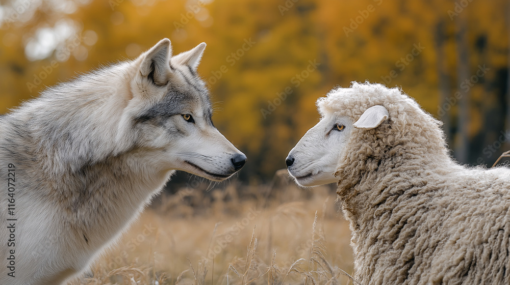 Obraz premium Wolf and sheep face-off in nature's arena captivating animal interactions autumn setting