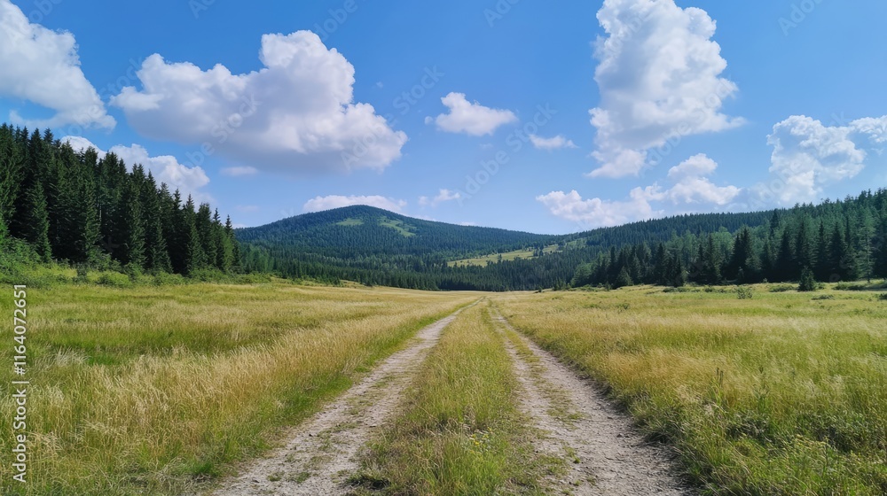 Scenic dirt road through lush summer meadows leading to mountain landscape under a vibrant blue sky and fluffy white clouds. Scenic dirt road through lush summer meadows leading to mountain landscape under a vibrant blue sky and fluffy white clouds.