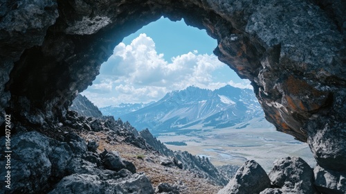 Scenic View Through Rocky Archway Overlooking Bend Mountains and Vast Landscape Under Bright Blue Sky photo