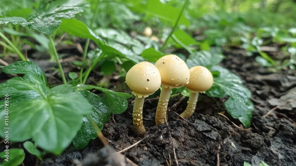 Wild mushrooms emerging through lush green forest vegetation in a natural setting showcasing biodiversity and organic growth. Wild mushrooms emerging through lush green forest vegetation in a natural setting showcasing biodiversity and organic growth.