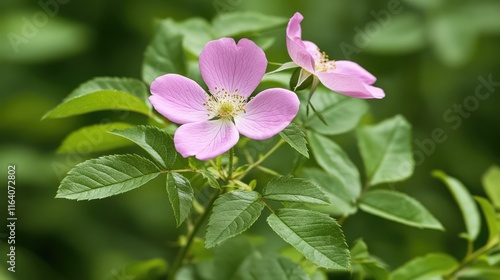 Pink wild rose blossoms amidst vibrant green foliage in a serene natural setting capturing the beauty of wildflowers in nature.