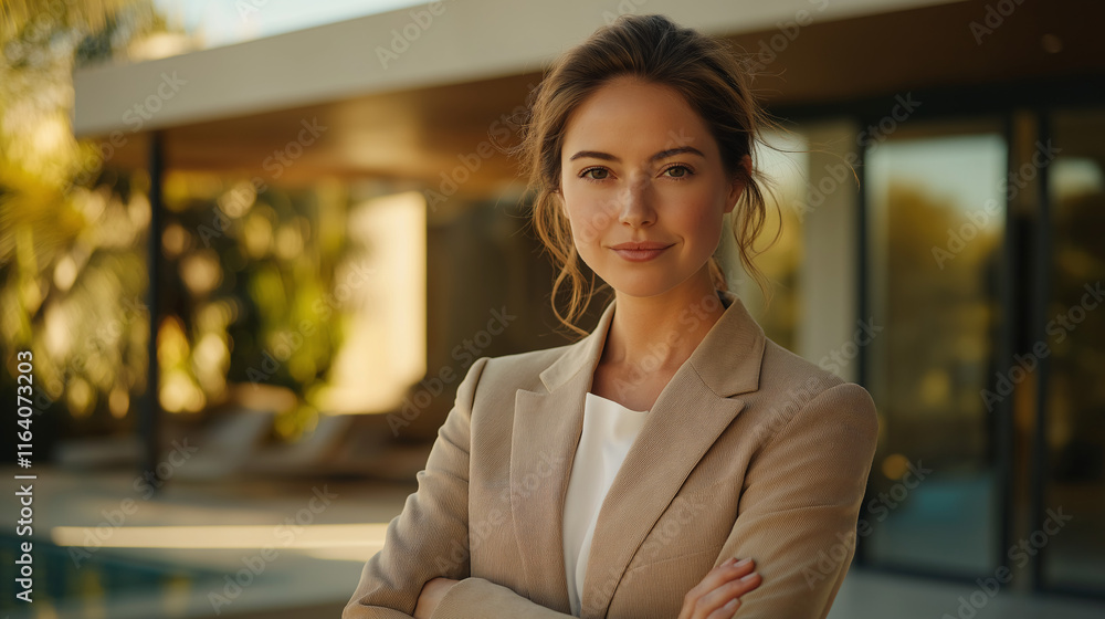 Stylish real estate agent woman in beige suit at luxury property outdoor setting professional vibe