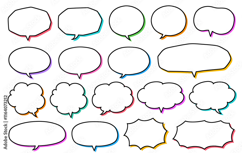 Obraz premium 吹き出し フレーム 枠 セット 素材 飾り 線 丸 四角 横長 おしゃれ ポップ シンプル もこもこ もくもく ふわふわ あしらい 見出し タイトル 囲み 立体的 ペン サインペン 会話 しゃべる びっくり 驚き Speech Bubble
