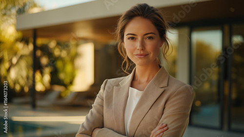 Obraz na płótnie Stylish real estate agent woman in beige suit at luxury property outdoor setting professional vibe w salonie
