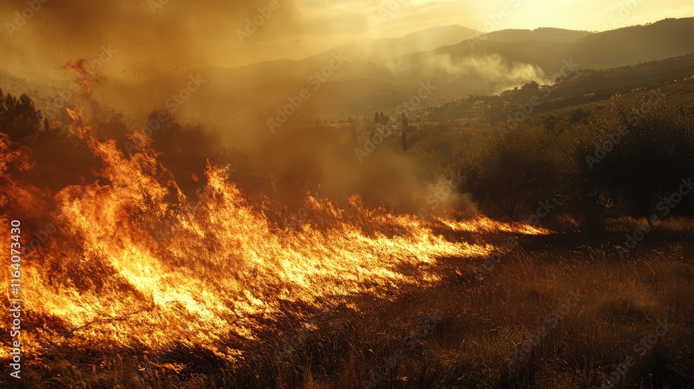 Fototapeta premium Wildfires generating significant carbon emissions and greenhouse gases impacting global climate change dynamics