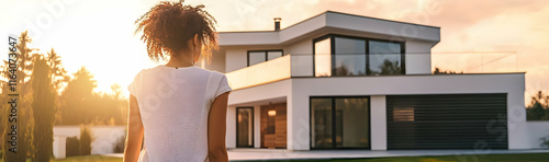 Wallpaper Mural Real estate professional standing confidently by a contemporary house  - Torontodigital.ca