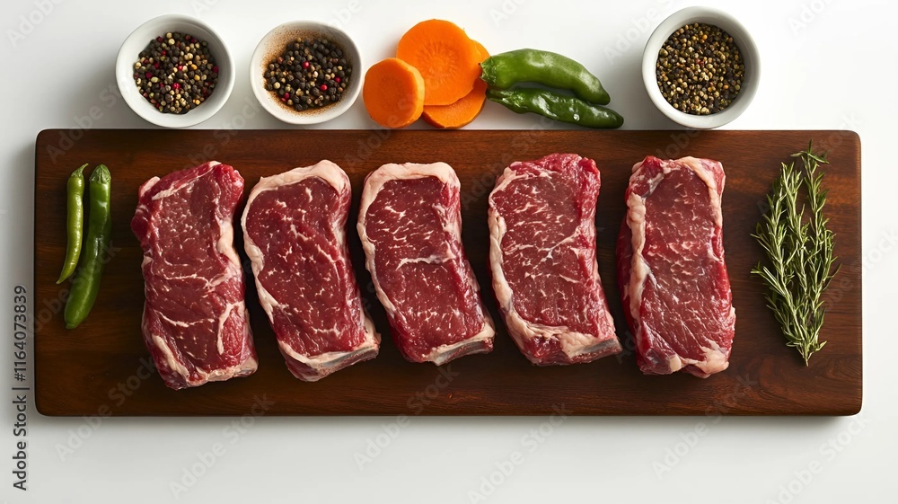 Fototapeta premium tabla de cortar plana de madera con carne cruda con verduras e ingredientes con especias alrededor