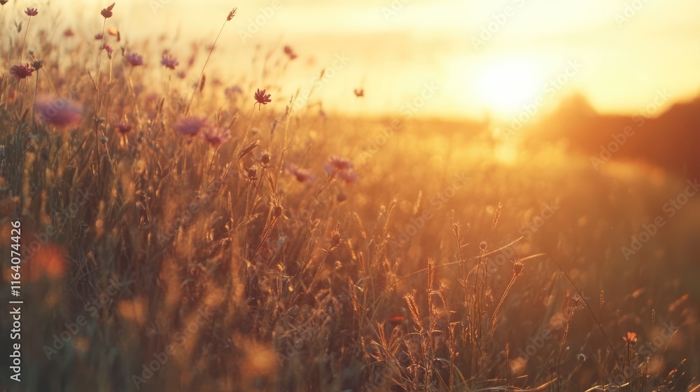 Obraz premium Golden sunset illuminating a field of wildflowers creating a serene and picturesque natural landscape.