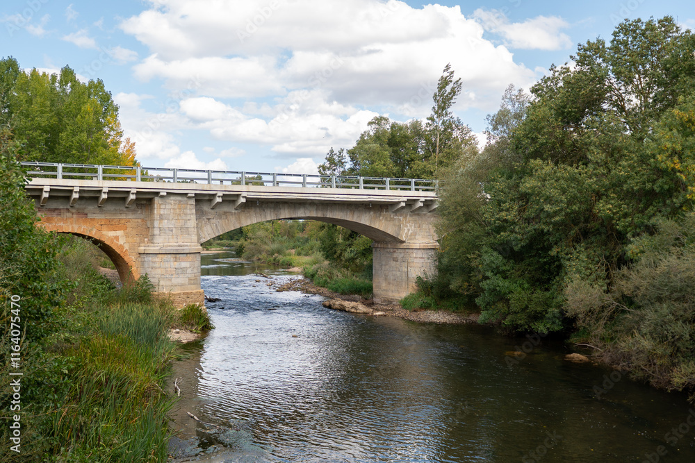Bridge over the Porma River in the town of Puente Villarente de Villaturiel on the Camino de Santiago in the Province of Leon