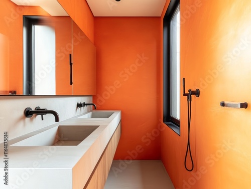 Modern Orange Bathroom With Double Sinks And Black Fixtures photo