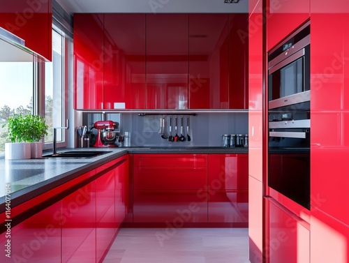 Modern Red Kitchen Design With Sleek Appliances photo