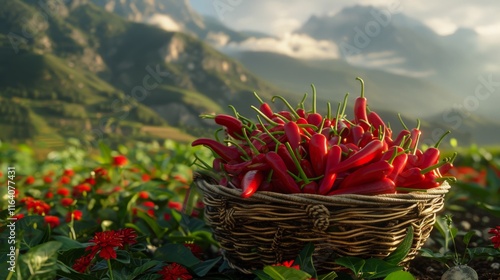 Scenic Mountain Landscape with Basket of Vibrant Red Chilies in Rustic Woven Basket Amidst Lush Greenery and Dramatic Skyred chilies photo