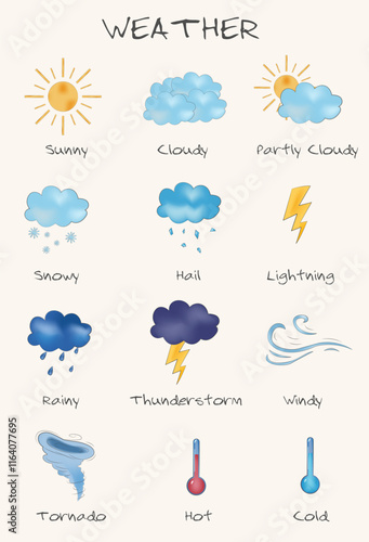 Weather for kids. Icons for learning about different weather. Vector illustration.