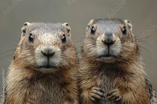 Standing at the sandy burrow entrance are two young bobak marmots. The foreground features green grass, contrasted by a blurred background photo