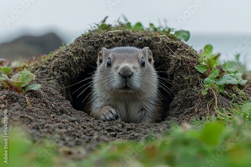 A young bobak marmot is positioned at the sandy burrow entrance, with green grass in the foreground and blurred green grass in the background photo