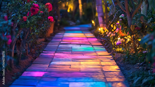  A finished, vibrant garden path lined with colorful plants and solar lights1 photo