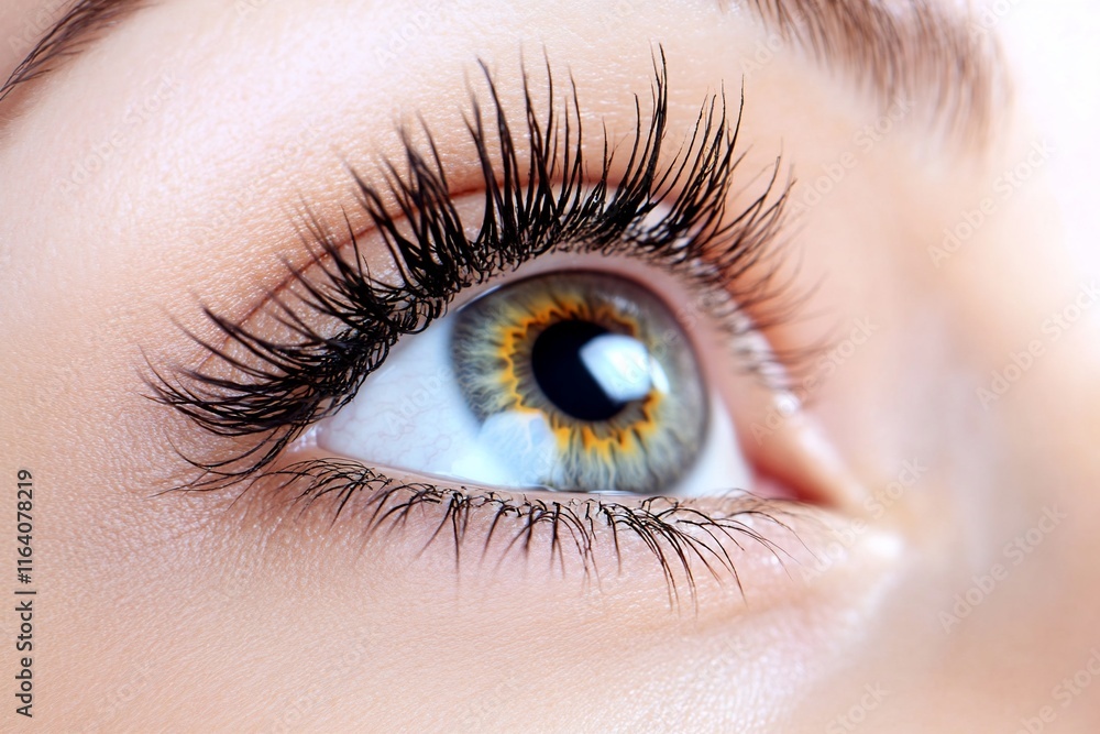Close-up of a beautiful female eye with long eyelashes.