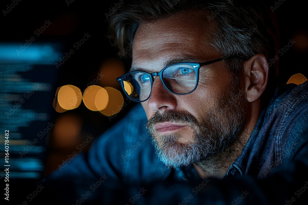 Profile shot of a skilled expert geek guy, adept at solving issues, giving remote 24/7 tech support and DevOps help, in a modern industrial setting with a concrete wall workplace Profile shot of a skilled expert geek guy, adept at solving issues, giving remote 24/7 tech support and DevOps help, in a modern industrial setting with a concrete wall workplace