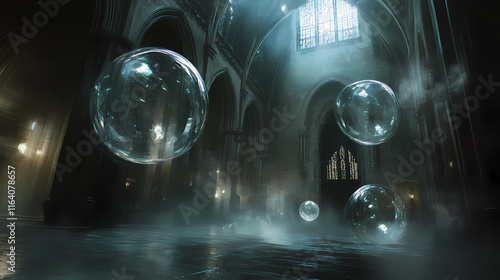 Wallpaper Mural Dark, shadowy bubbles filled with smoke and glowing faintly, floating in a dimly lit gothic hall. Wraithlike. Illustration Torontodigital.ca