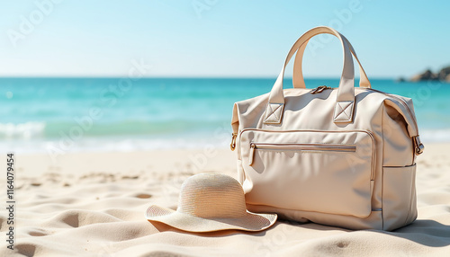 Relaxation awaits with sun hat and beach bag on golden sands beside tranquil turquoise waters photo