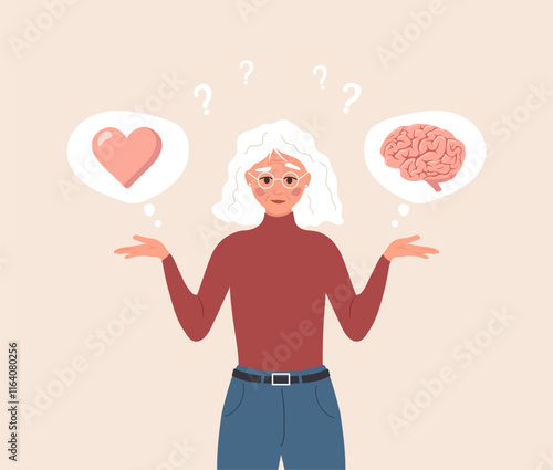 Balance between Heart and Brain. Emotional Intelligence concept. Elderly Female character Choosing between Feelings and Mind. Vector illustration in flat cartoon style.