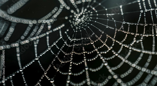 Black background, spider web with dew drops on threads, top view
