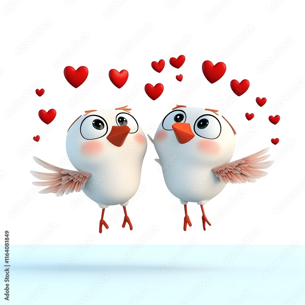 Two birds are in the air with hearts surrounding them Two birds are in the air with hearts surrounding them